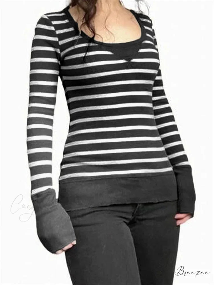 Vintage Striped Print Knitted Long Sleeve Slim Fit T-shirts