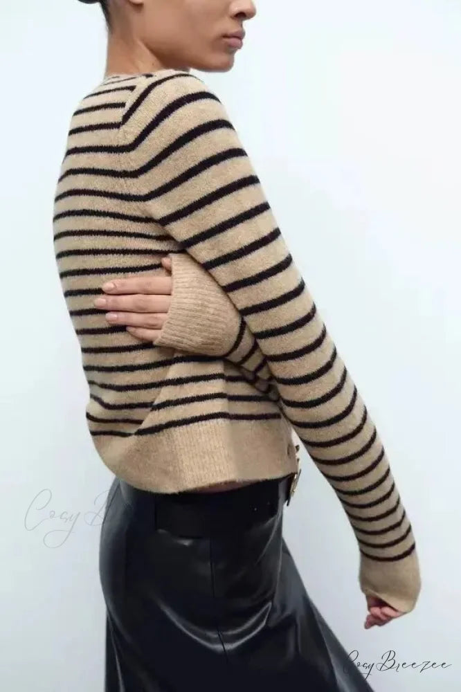 Vintage Striped Printed Round Neck Cardigan cardigans-241228