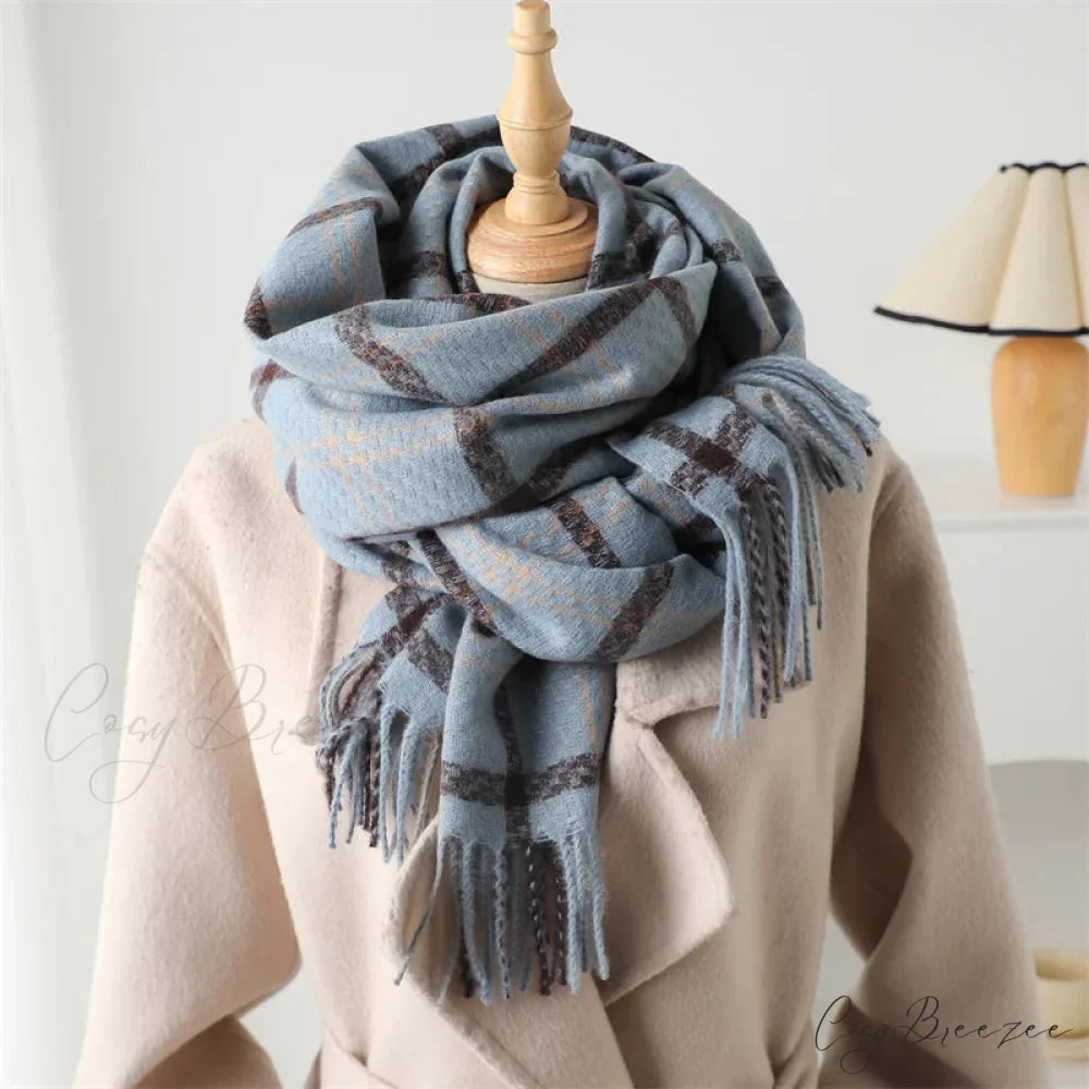 Vintage Style Cashmere Plaid Scarf - Unisex Winter Shawl Wrap BLUE