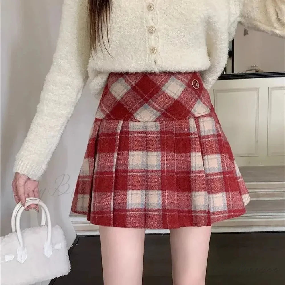 Vintage Sweet Korean Cute Kawaii Stylish Autumn Winter Trendy Mini Skirt Red / S