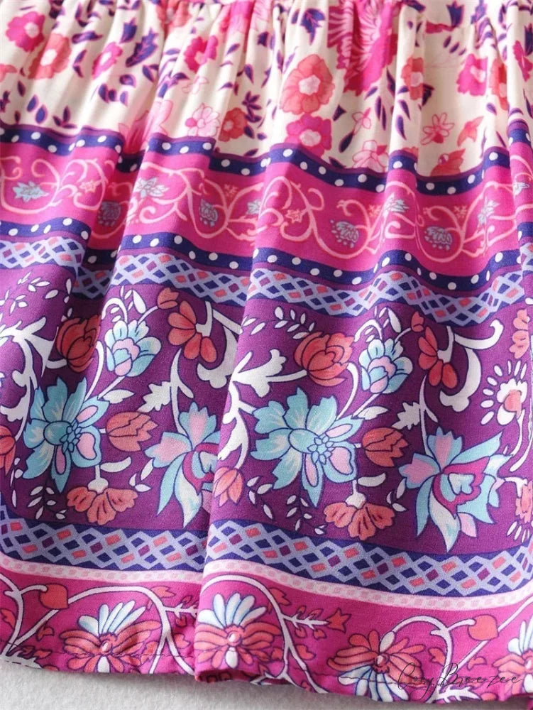 Vintage Women Elastic Boho Pink Floral Printed Vacation Beach Skirt skirt-250126