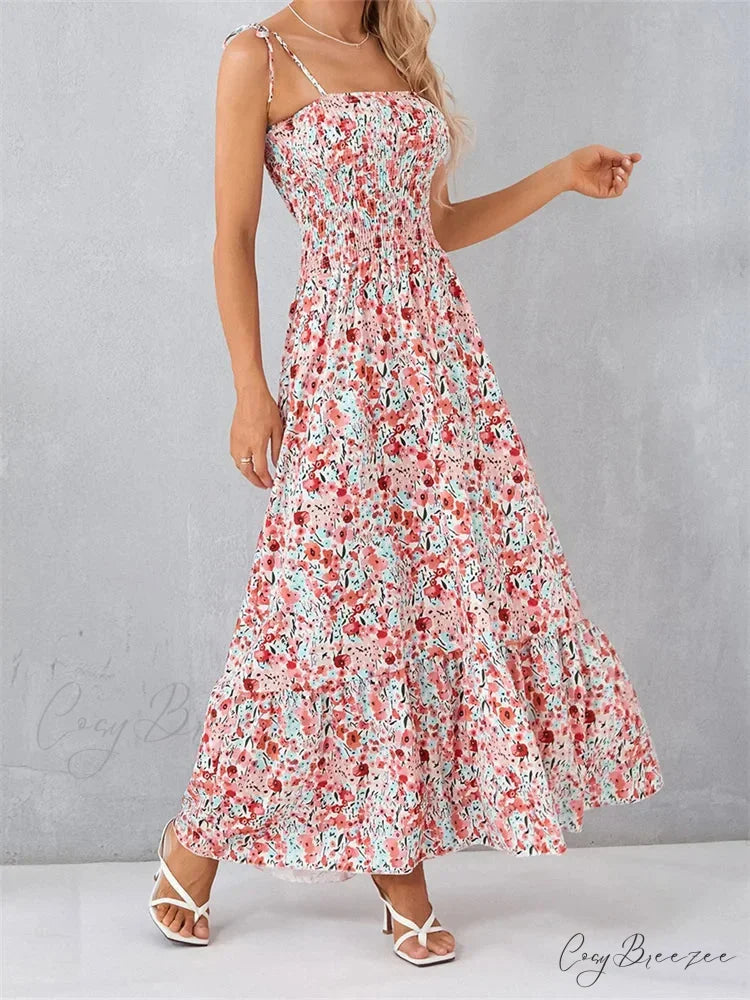 Vintage Women Sleeveless Tie-up Spaghetti Strap Floral Print Summer Party Beach Female Vestidos
