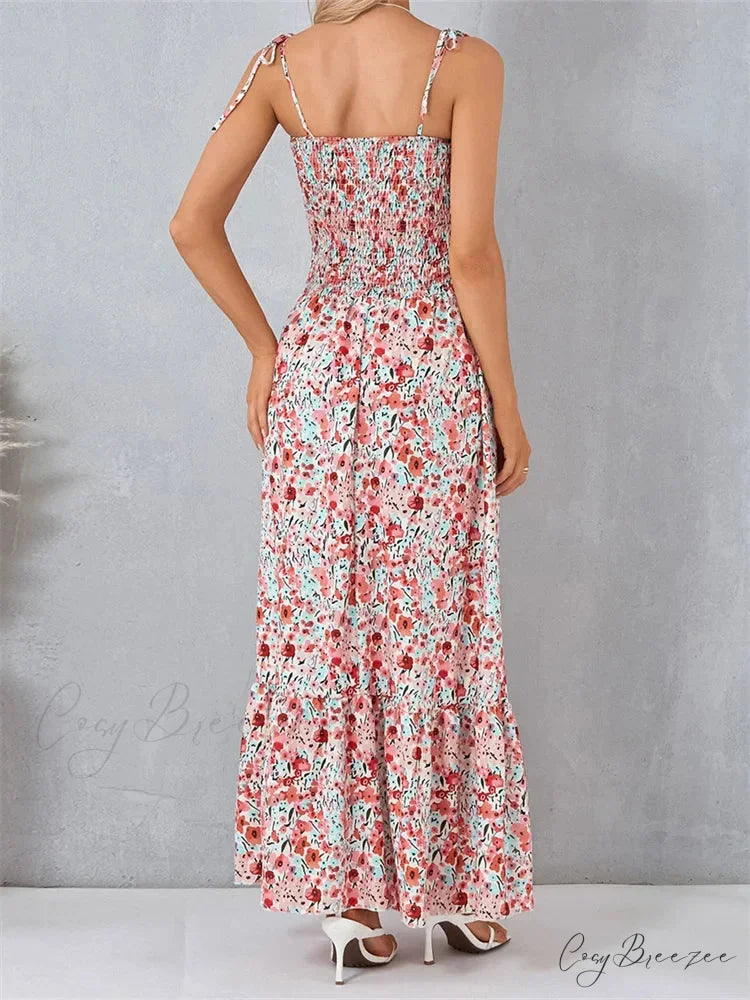 Vintage Women Sleeveless Tie-up Spaghetti Strap Floral Print Summer Party Beach Female Vestidos