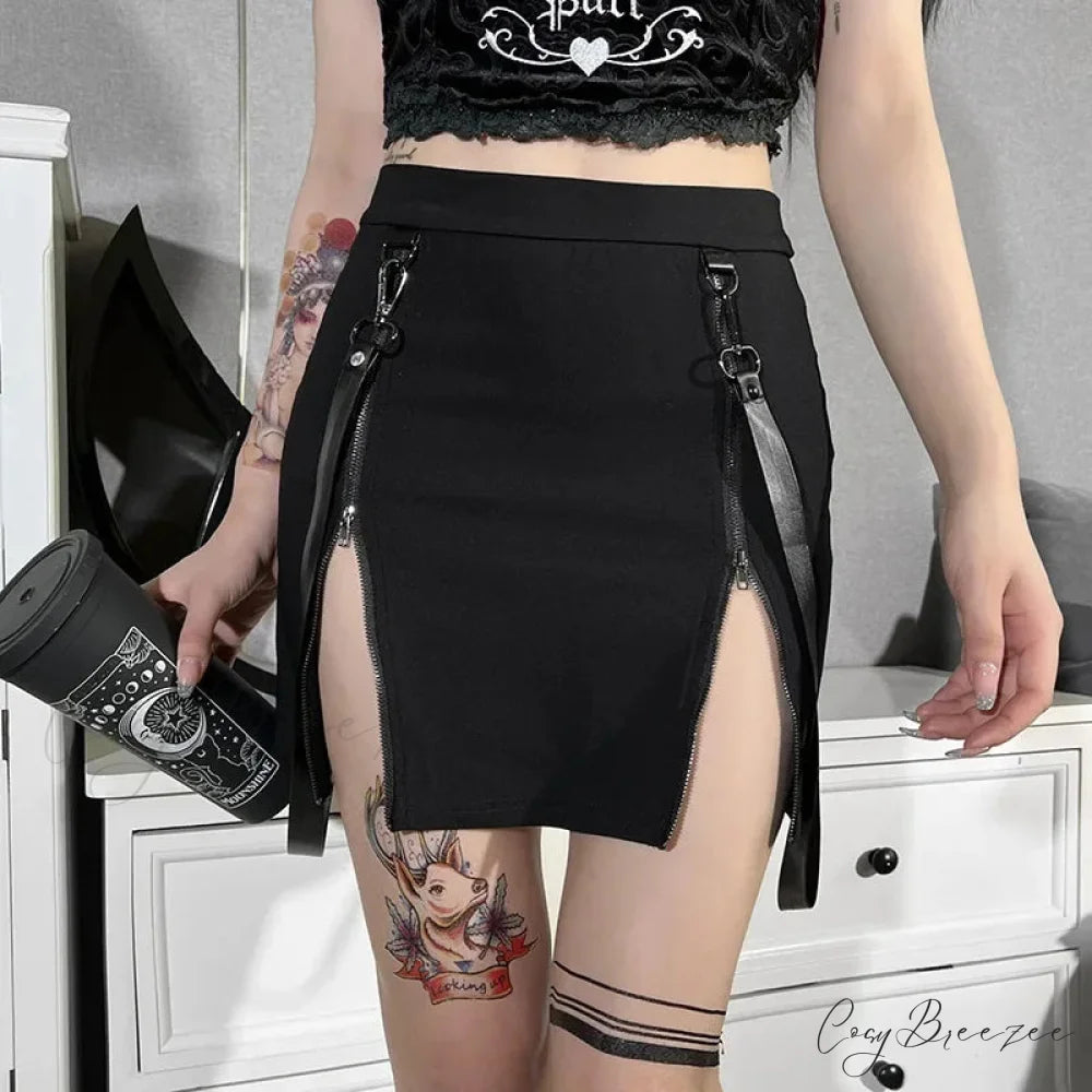 Vintage Y2k Dark Double Zipper Bag Hip Split Gothic Design Tight Harajuku Black Gothic Bag Hip Skirt BLACK / XS