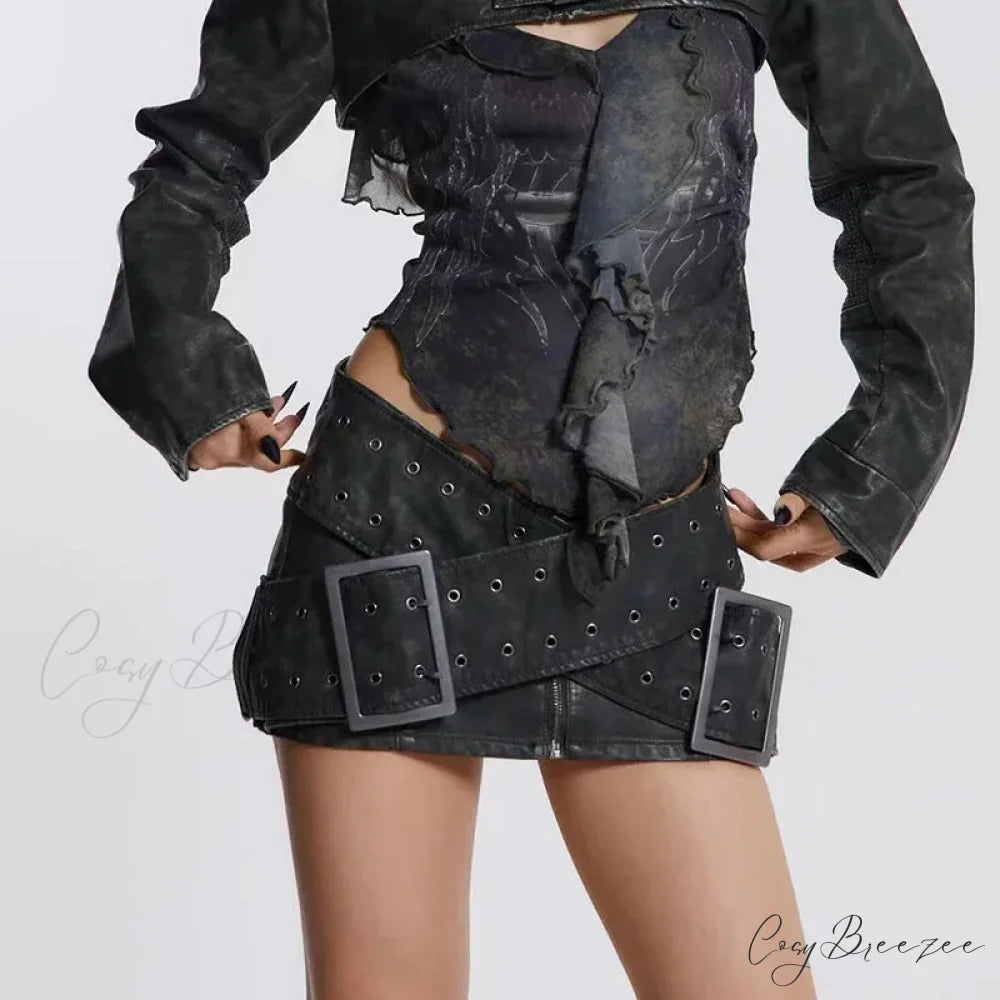 Vintage Zipper Elevated-Waist Skirt skirts-250223