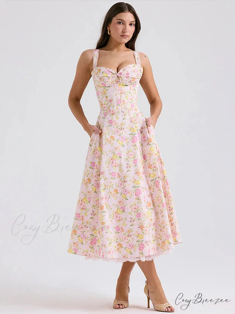 Waist Wrap Spaghetti Strap Print Floral Dress pink1 / S