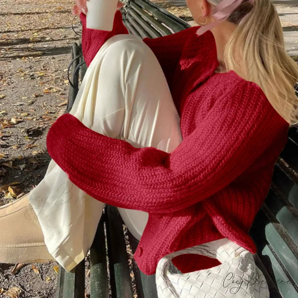 Warm Chunky Knit Long Sleeve Red Cardigan Red-1 / S