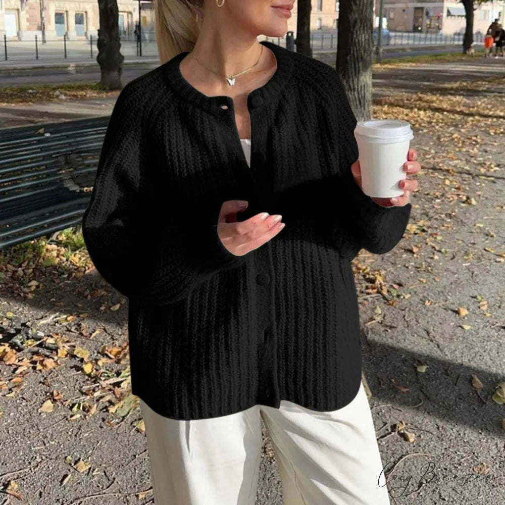 Warm Chunky Knit Long Sleeve Red Cardigan Black-2 / S