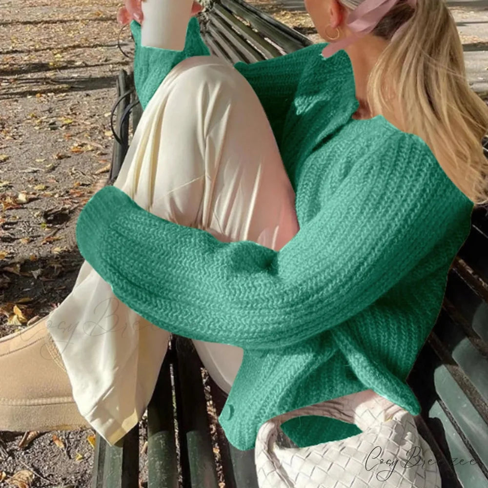 Warm Chunky Knit Long Sleeve Red Cardigan Green-1 / S