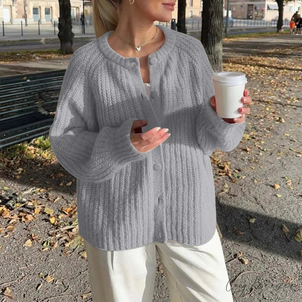 Warm Chunky Knit Long Sleeve Red Cardigan Grey-2 / S