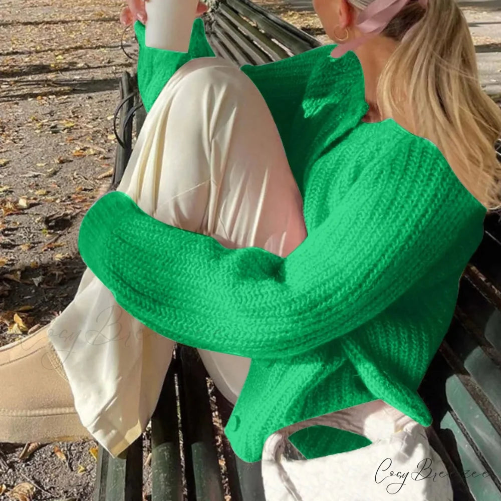 Warm Chunky Knit Long Sleeve Red Cardigan Light Green-4 / S