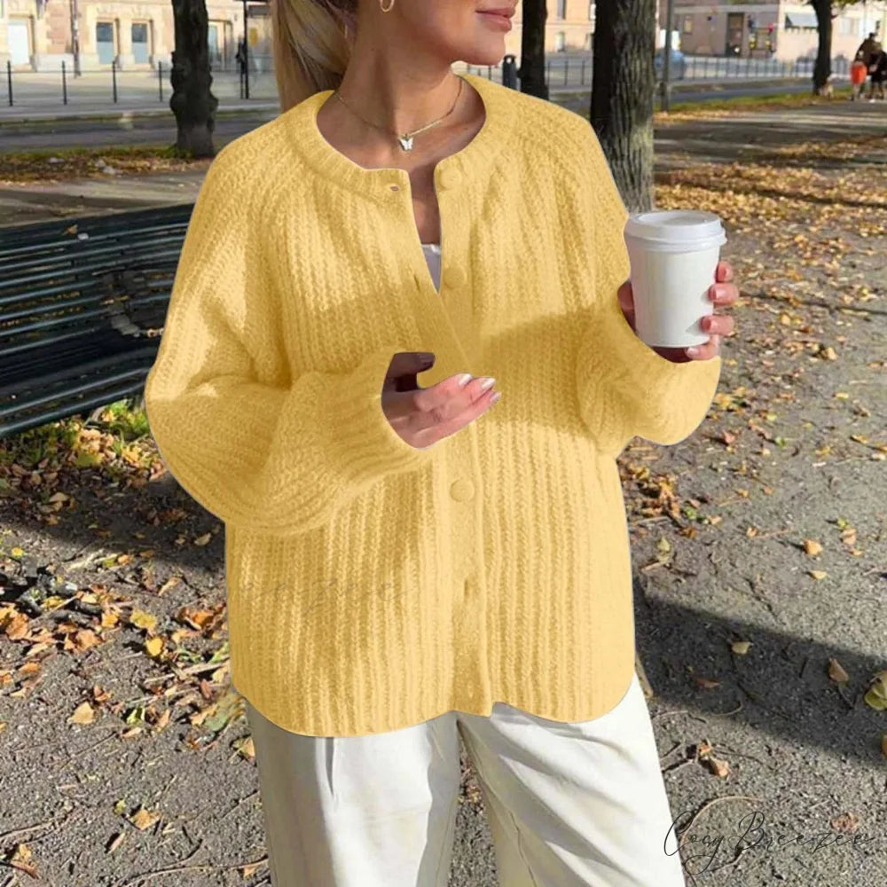 Warm Chunky Knit Long Sleeve Red Cardigan Light Yellow-4 / S