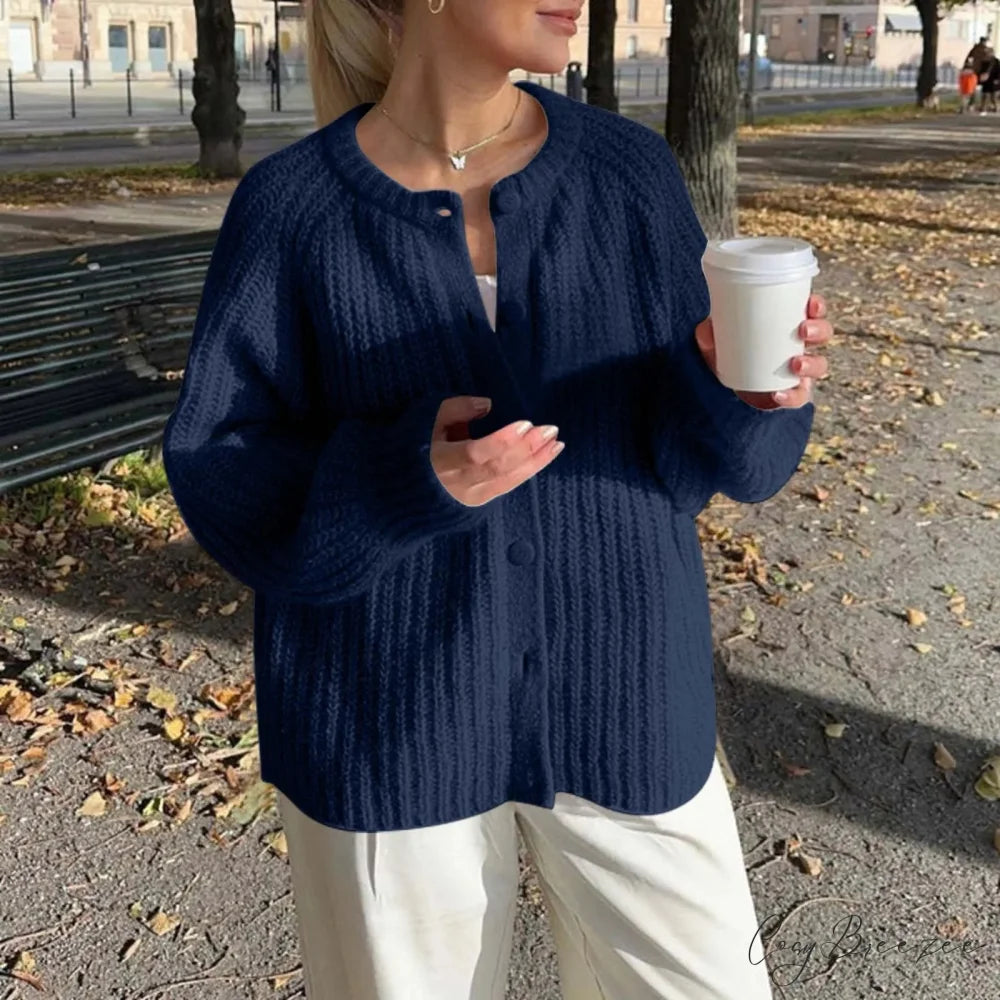 Warm Chunky Knit Long Sleeve Red Cardigan Navy-2 / S