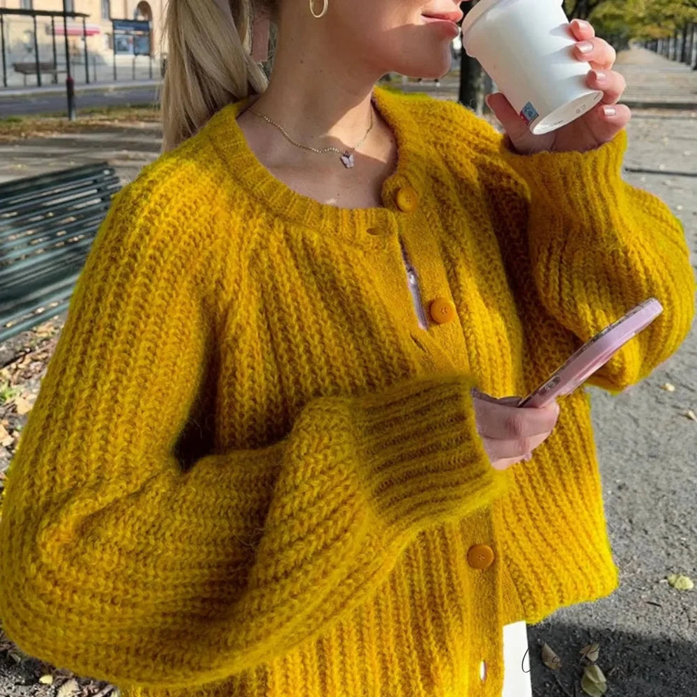 Warm Chunky Knit Long Sleeve Red Cardigan Yellow-1 / S
