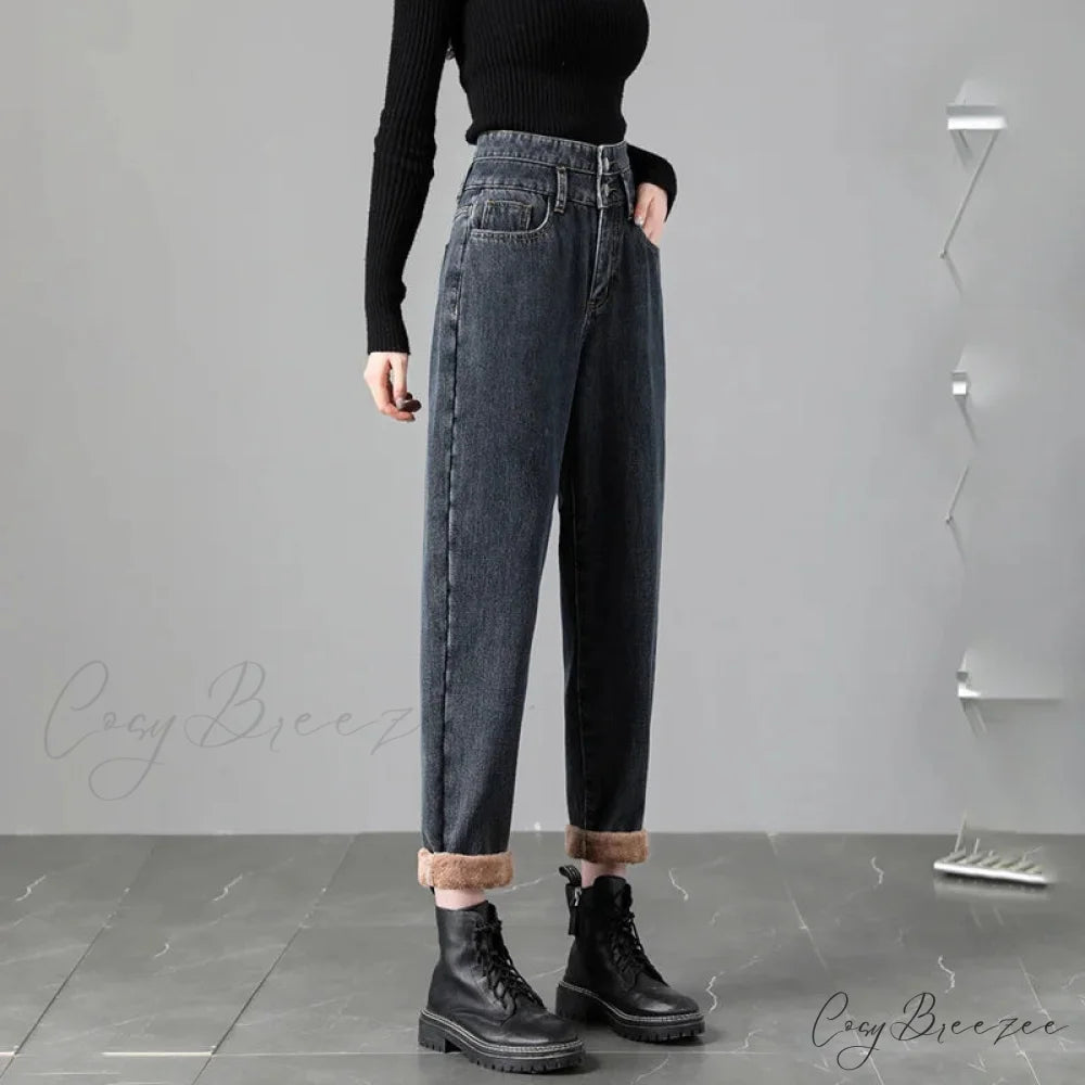 Warm Harem Thicken High Waist Vintage Loose Wide-leg Fleece Denim Jean Blue Grey / XS