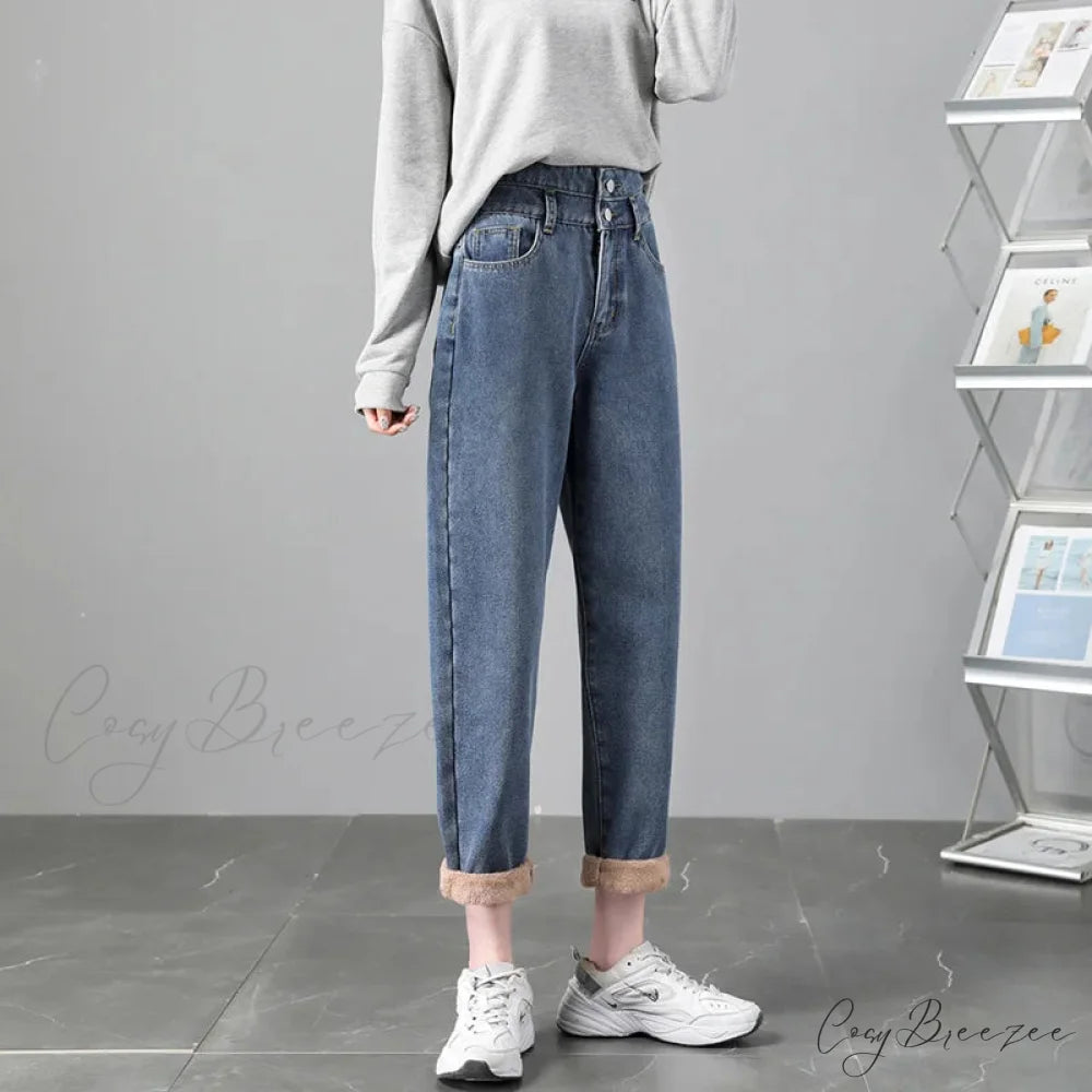 Warm Harem Thicken High Waist Vintage Loose Wide-leg Fleece Denim Jean Vintage Blue / XS
