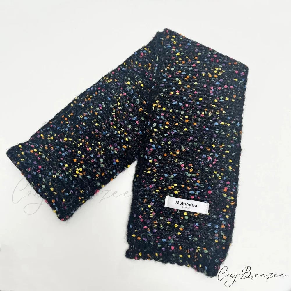 Warm Multi-Color Dot Acrylic Cashmere Small Scarf for Autumn Winter Black / L146CM W14CM