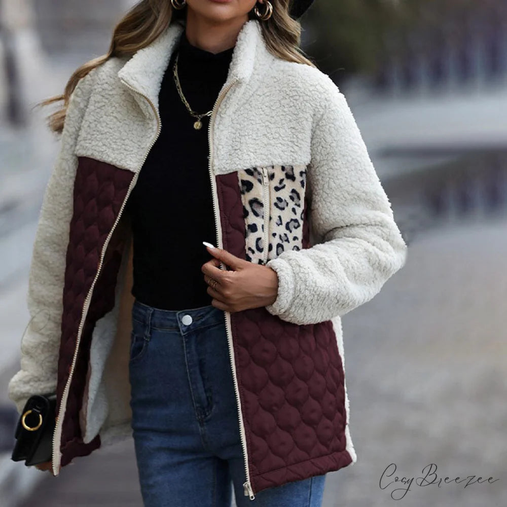 Warm Plush Patchwork Coat Wine Red / S