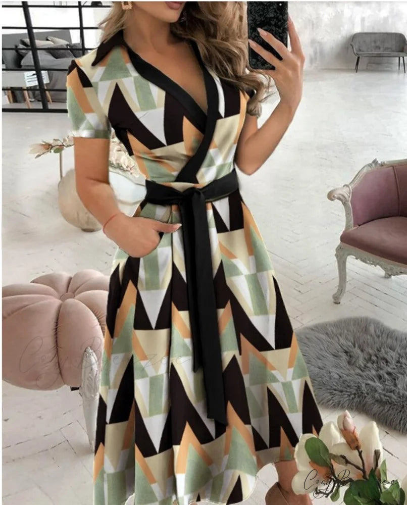 Warm-Season Retro Short-sleeved V-neck Gown Party Spring Patterned Fashion Belt Diamond printing / S