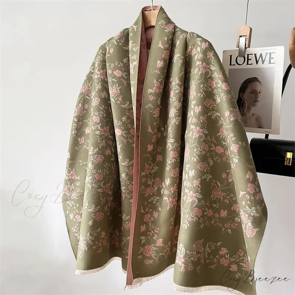 Warm Shawl Floral Print Cashmere Scarf green scarf-241228