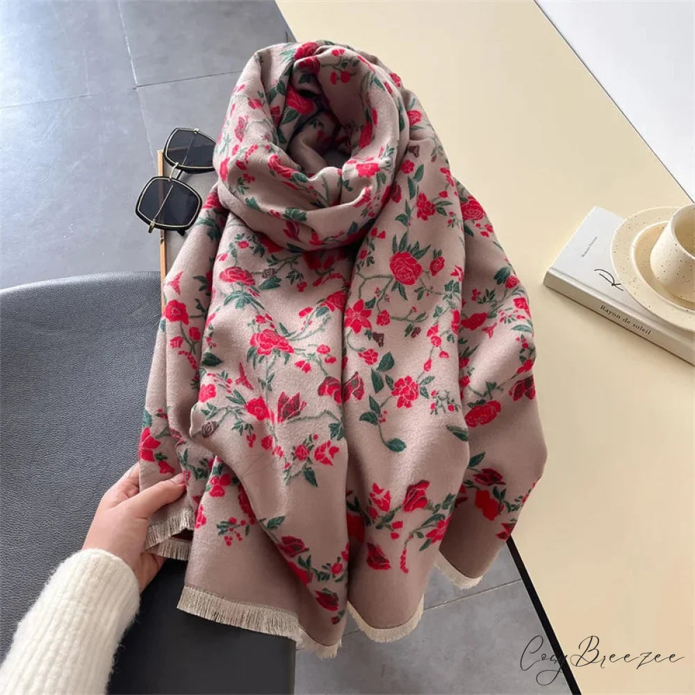 Warm Shawl Floral Print Cashmere Scarf red 2 scarf-241228