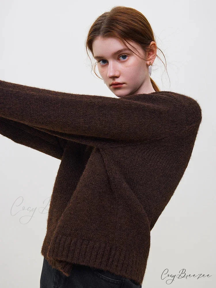Warm Soft Waxy Round Neck Pullover Sweater Dark Brown / S swraters-241228