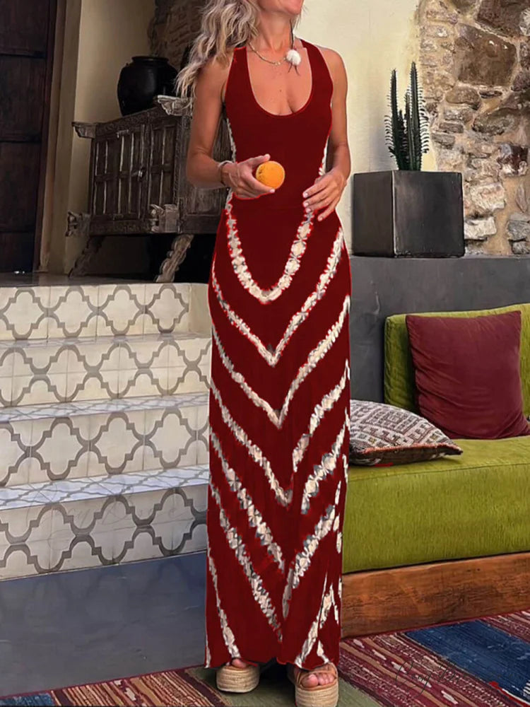 Wave Print Tie Charming Back Stretch Maxi Dress Wine Red / S