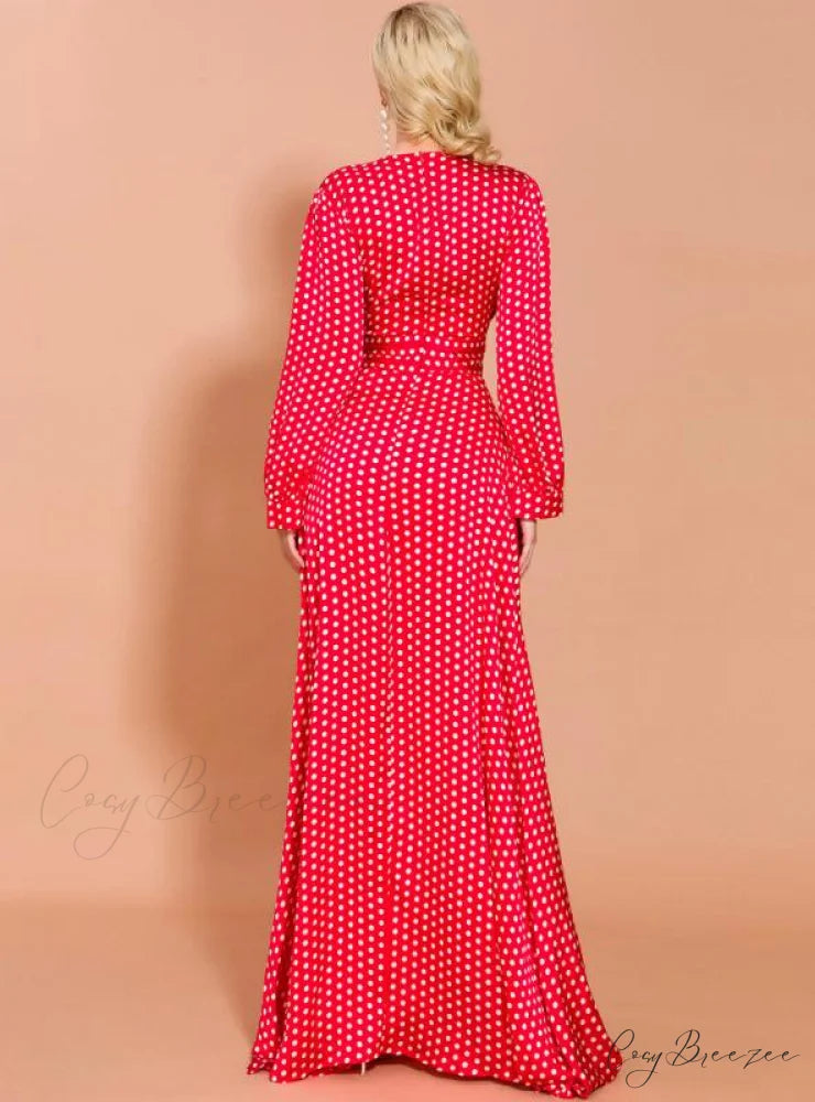 WAVE PRINT V-NECK SPLIT LONG SLEEVE DRESS L / orange