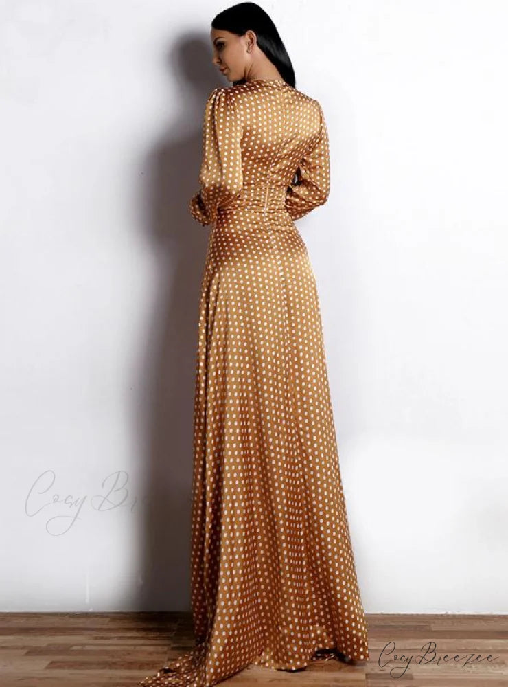 WAVE PRINT V-NECK SPLIT LONG SLEEVE DRESS S / orange