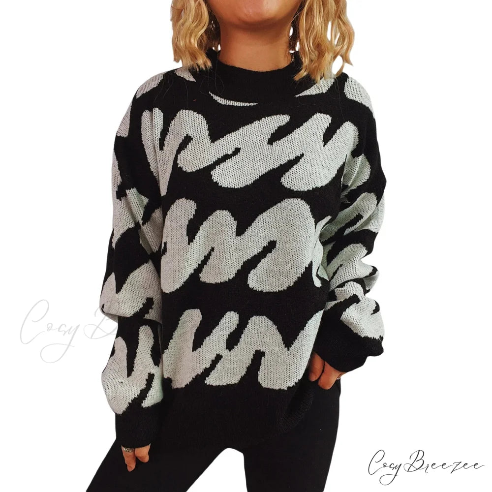 Wave Stripe Print Crew Neck Warm Sweater Black / S swraters-241228