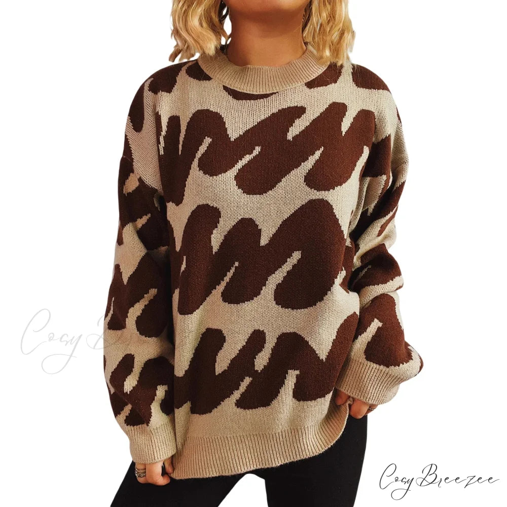 Wave Stripe Print Crew Neck Warm Sweater Dark Khaki / S swraters-241228