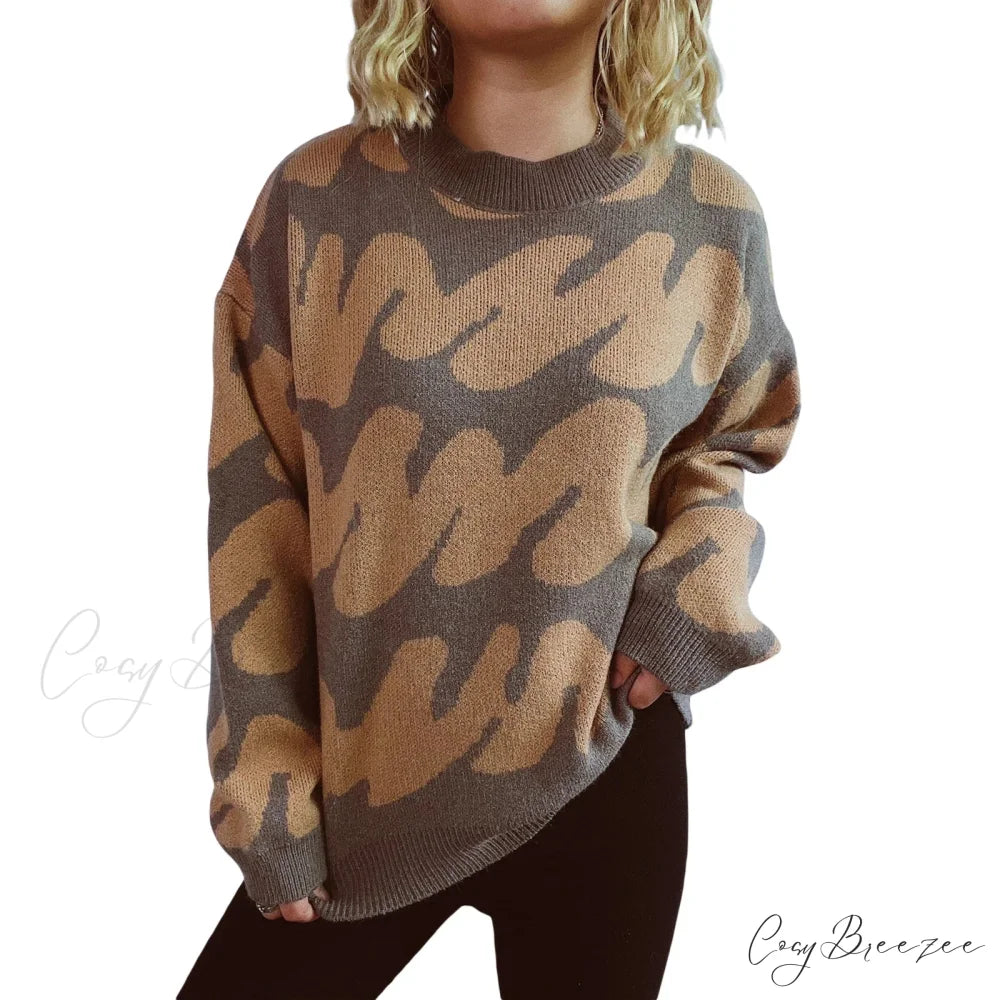 Wave Stripe Print Crew Neck Warm Sweater GRAY / S swraters-241228