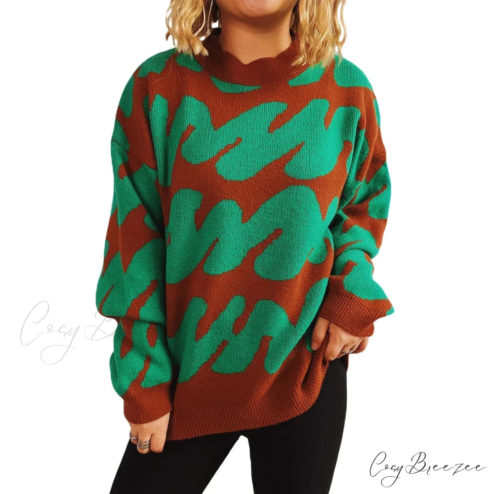 Wave Stripe Print Crew Neck Warm Sweater Green / S swraters-241228