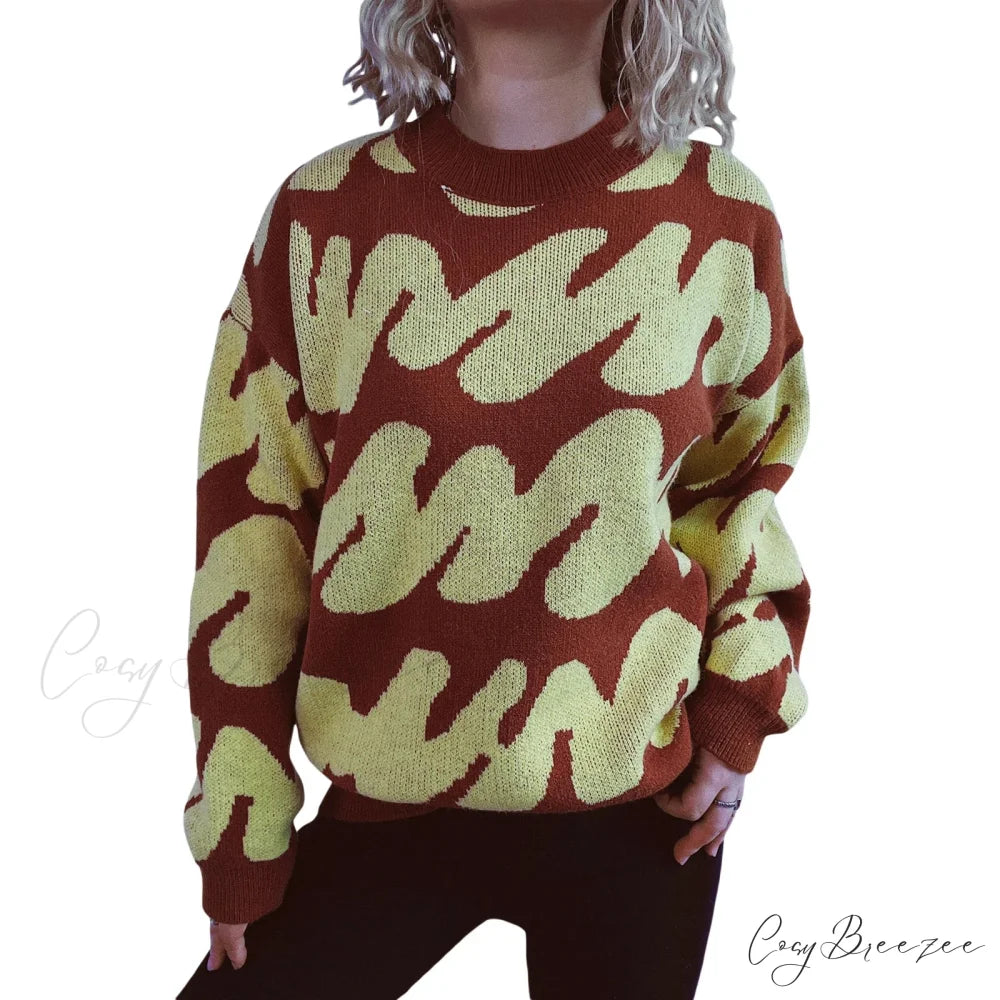 Wave Stripe Print Crew Neck Warm Sweater Yellow / S swraters-241228