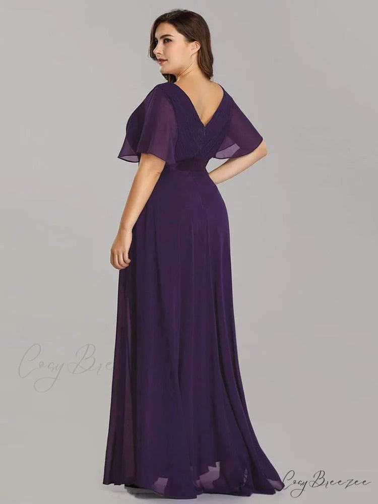 Wedding Party Elegant Gown - A Formal Neck Plus Ruffles Line Chiffon V Size Purple / 4(Lable Size S)