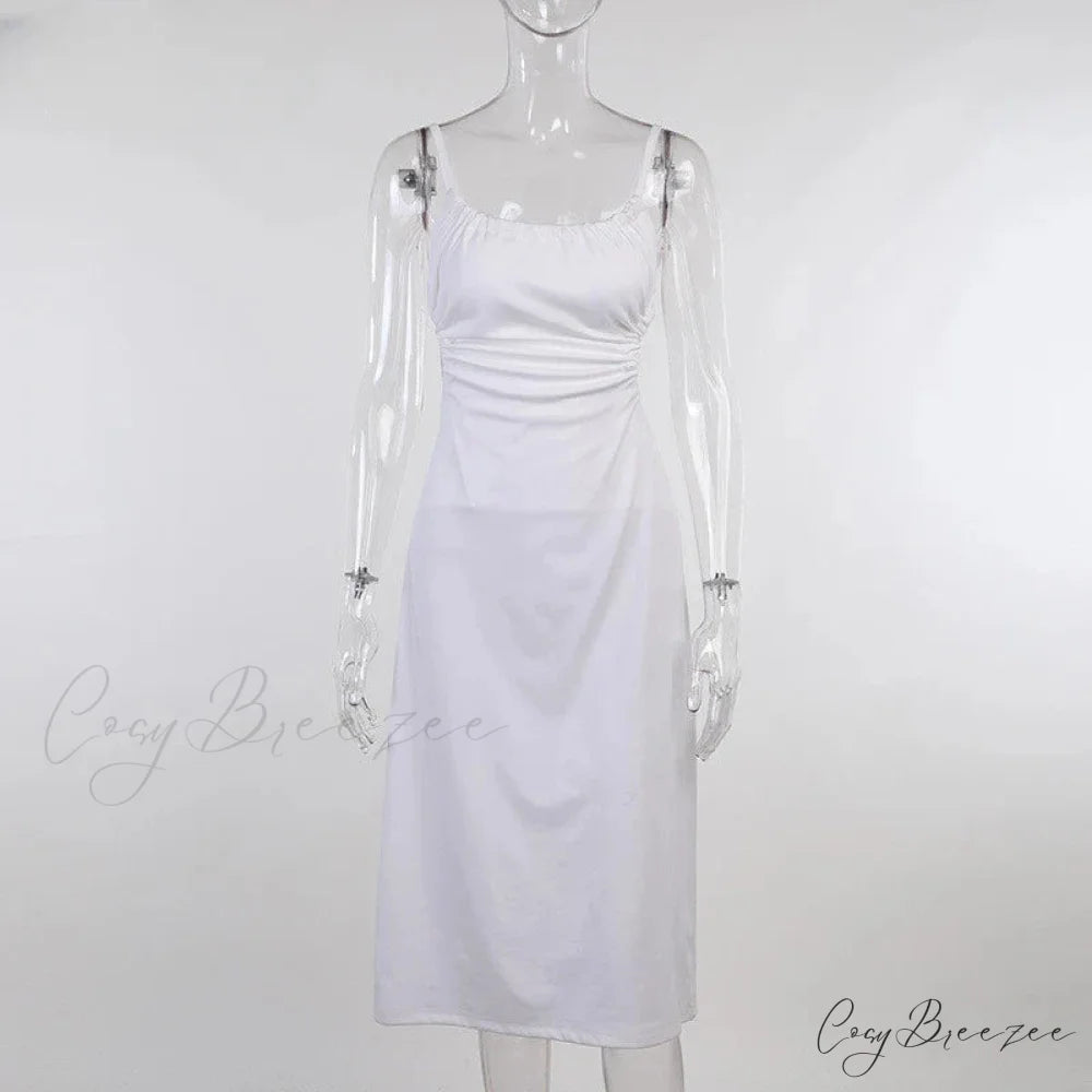 White Backless Hollow Out Bandage Spaghetti Strap Midi Dress