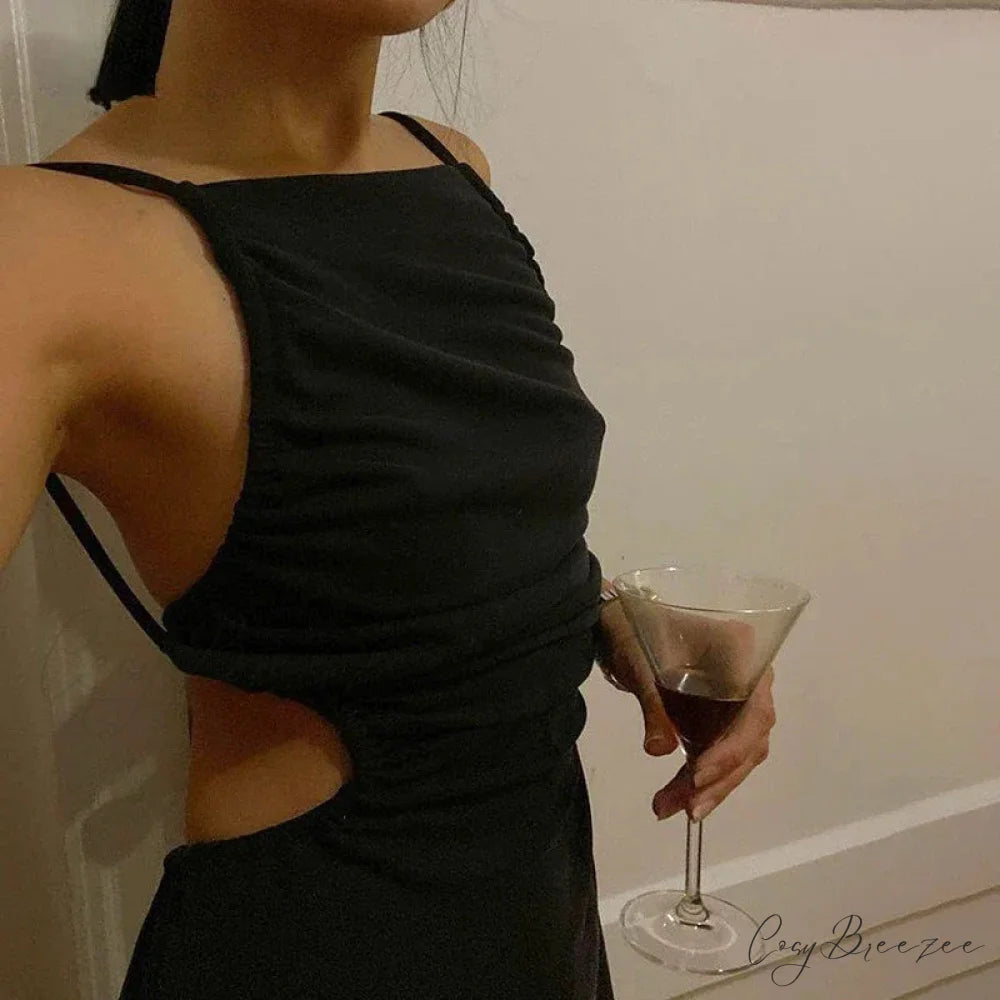 White Backless Hollow Out Bandage Spaghetti Strap Midi Dress Black / S