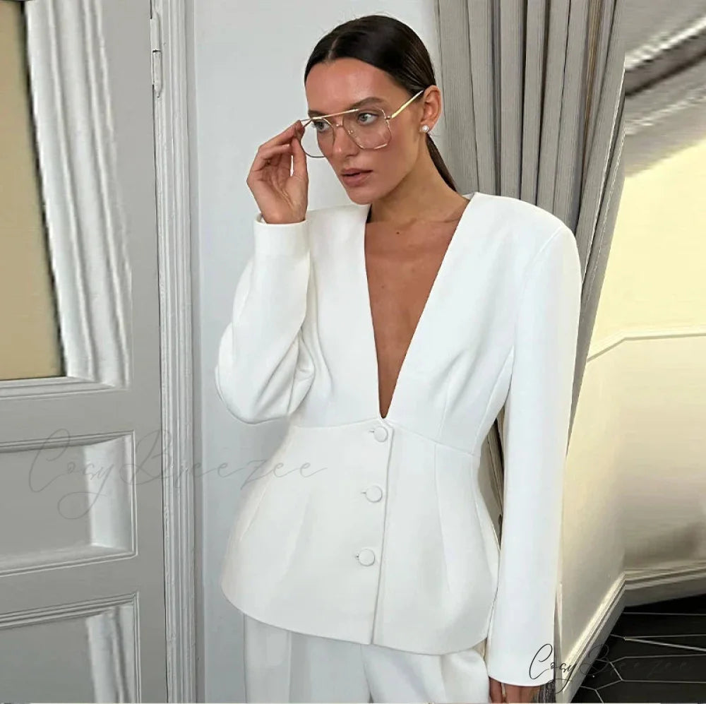 White Deep V-neck Blazer Pants Office Set white coats / S officetwopieceset-250223