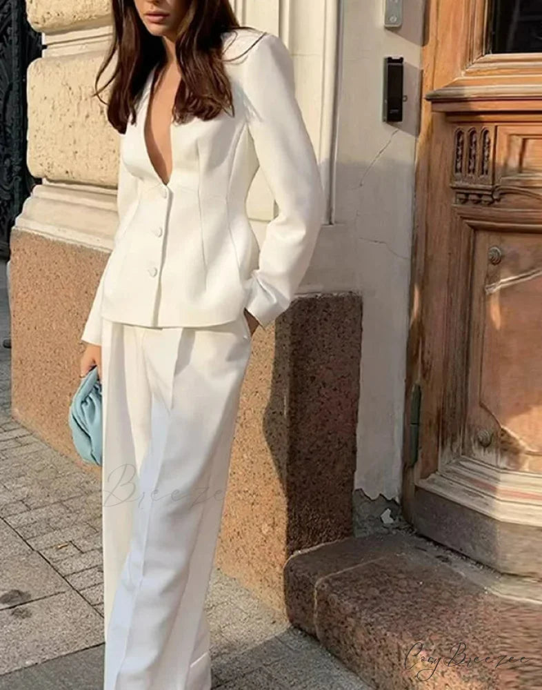 White Deep V-neck Blazer Pants Office Set officetwopieceset-250223