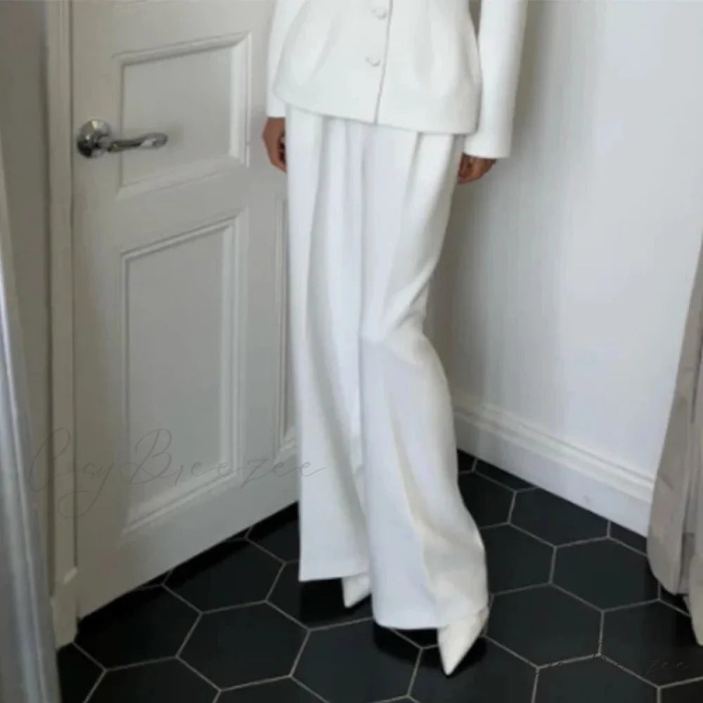 White Deep V-neck Blazer Pants Office Set white pants / S officetwopieceset-250223