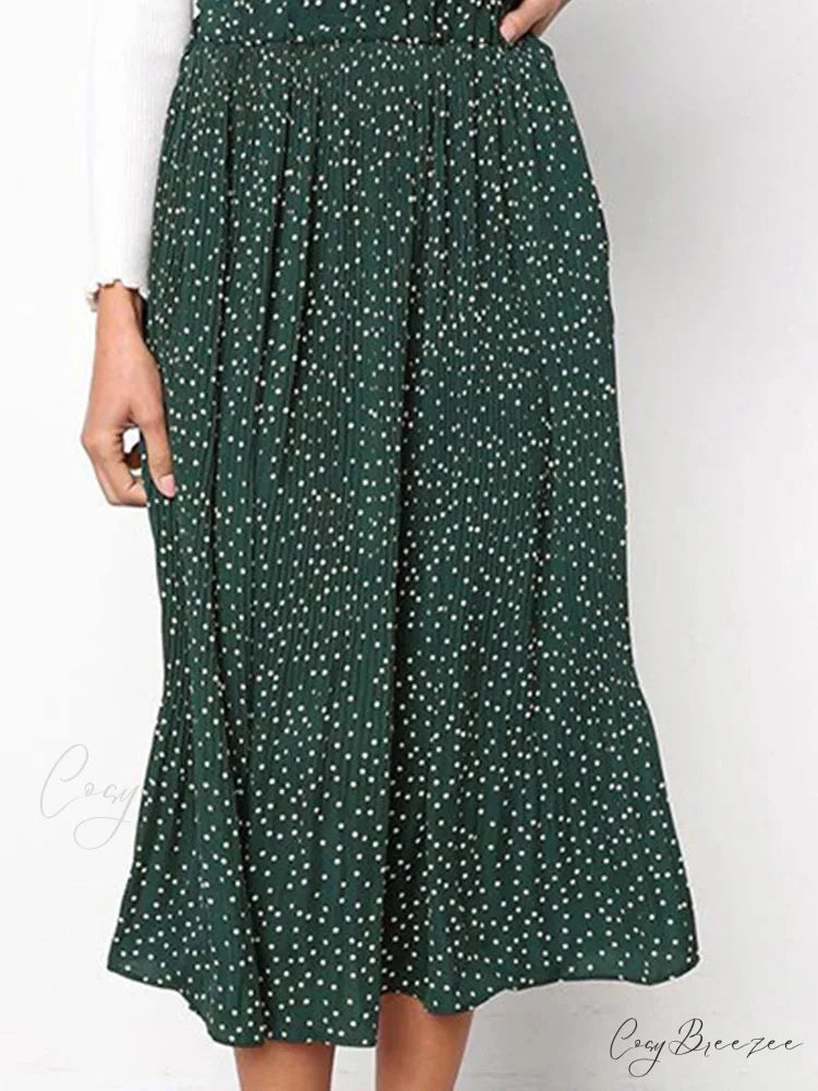 White Dots Floral Print Pleated Midi Skirt with Pockets skirt-250126