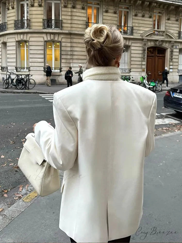 White Double Pockets V-neck Coat coats-241228