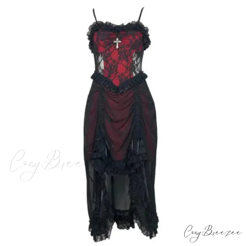White Gothic Rope Lace Flying Sleeve Stiletto Strap Asymmetric Light Lolita Summer Party Evening Dress black no sleeve