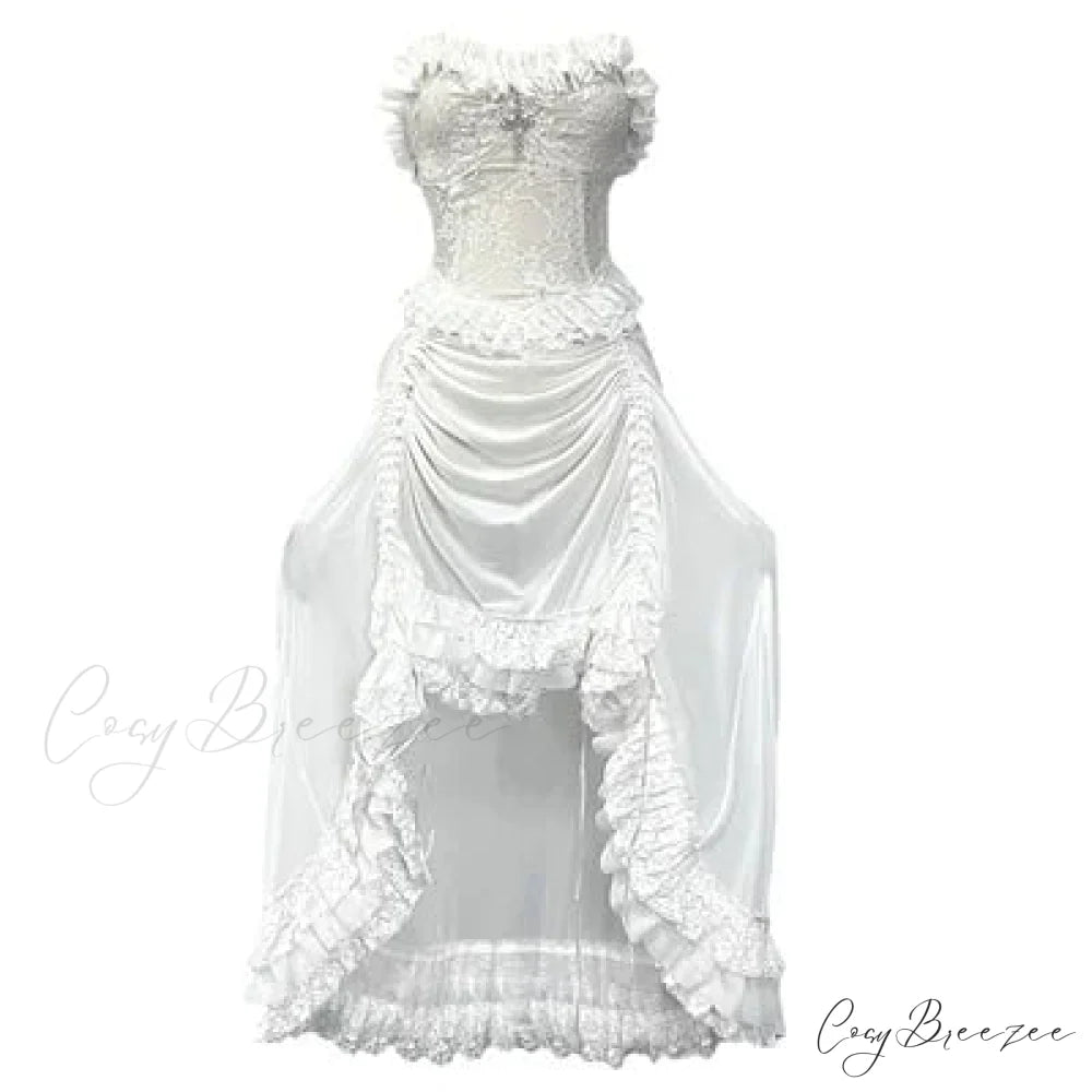 White Gothic Rope Lace Flying Sleeve Stiletto Strap Asymmetric Light Lolita Summer Party Evening Dress white no sleeve
