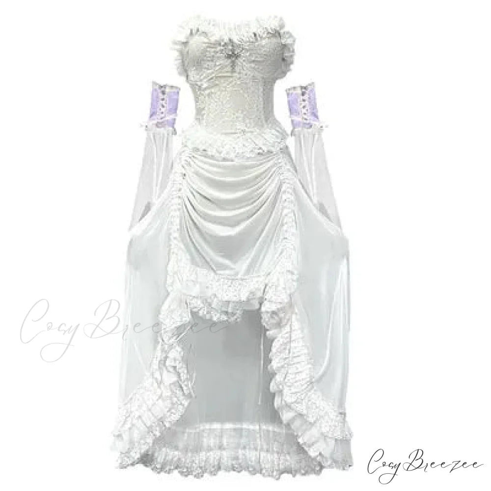 White Gothic Rope Lace Flying Sleeve Stiletto Strap Asymmetric Light Lolita Summer Party Evening Dress white with