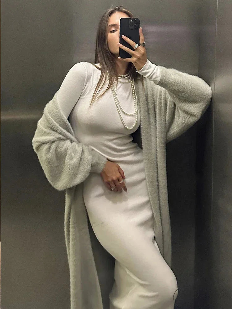 White Knitted Belted Fashion Cardigan Light Grey / S cardigans-241228