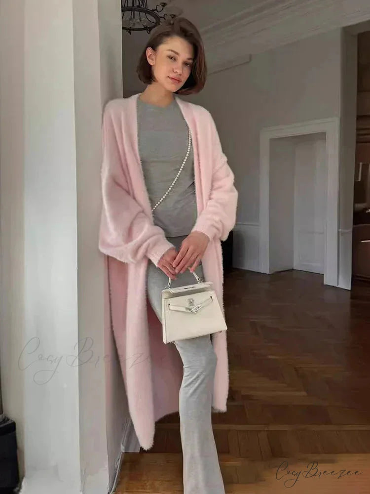 White Knitted Belted Fashion Cardigan Pink / S cardigans-241228
