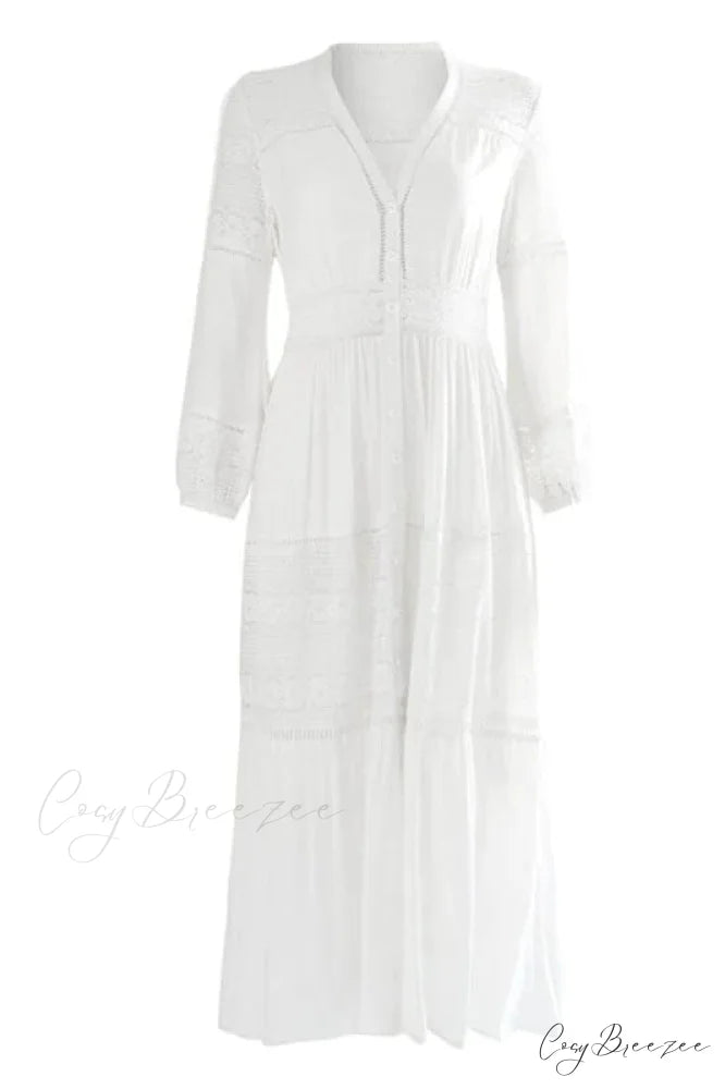White Lace Button Down Maxi Dress with Floral Design