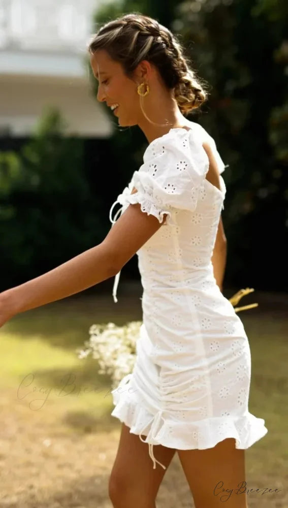 White Lace Cotton Short Sleeve Bodycon Mini Boho Dress bohodress-250126