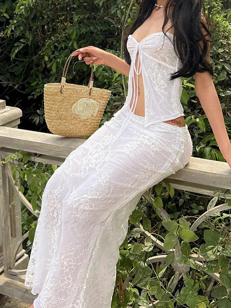 White Lace Floral Sleeveless Bandeau Wrap Dress floraldress-250126